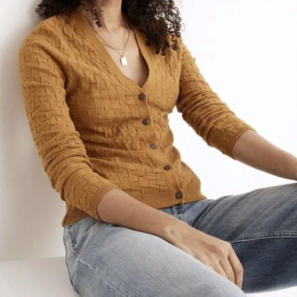 NEW Madewell Malvern Slim Texture Mustard Long Sleeve Button Cardigan Sweater Sm - Picture 1 of 16